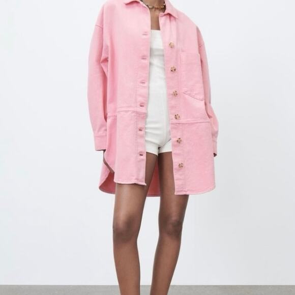 Zara Jackets & Blazers - Zara Oversized Pink Denim Jacket Jean Shacket Button Front Medium
